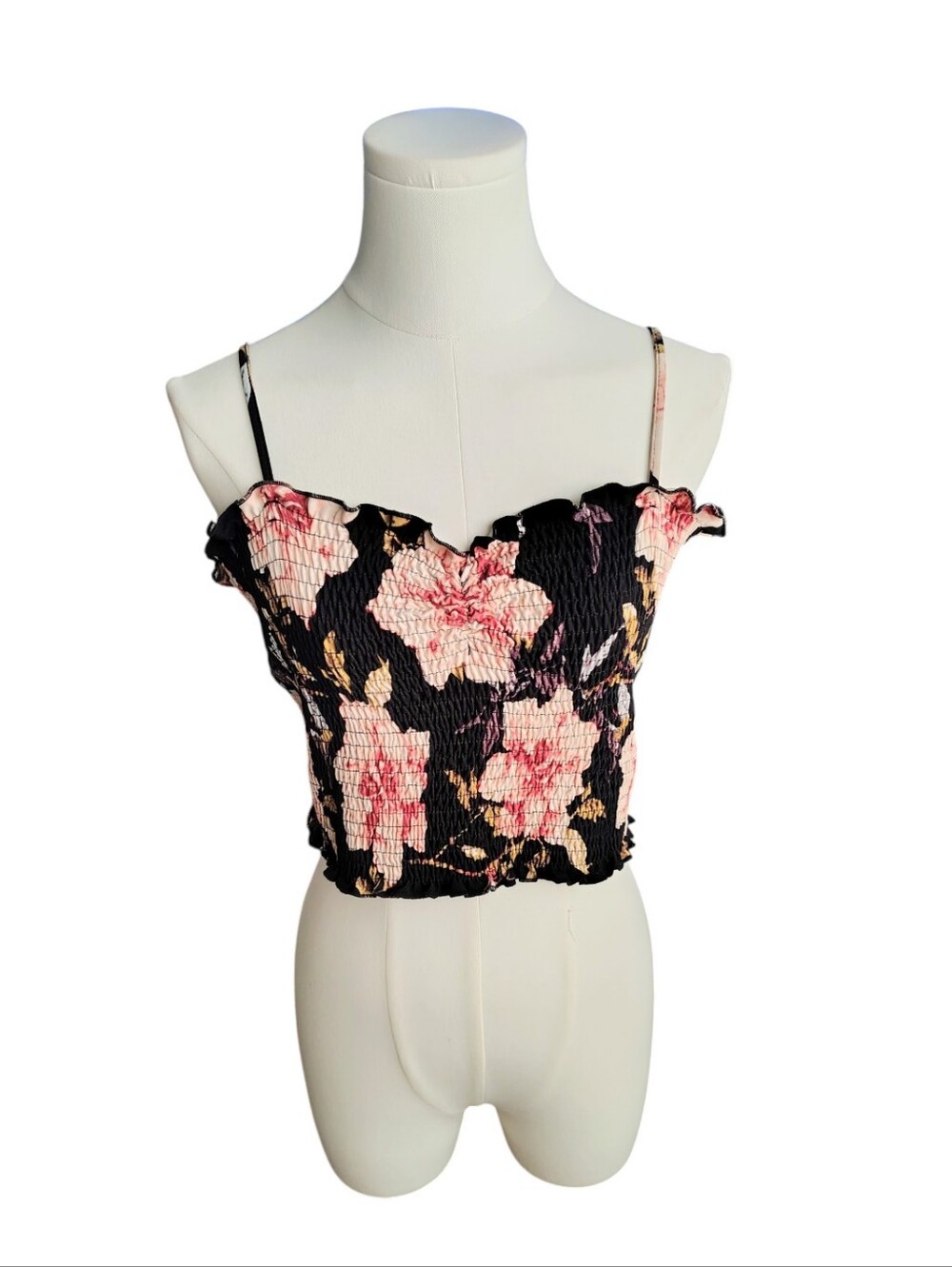 Bear Dance Black and Pink Floral Spaghetti Strap Smocked Crop Top Size Medium